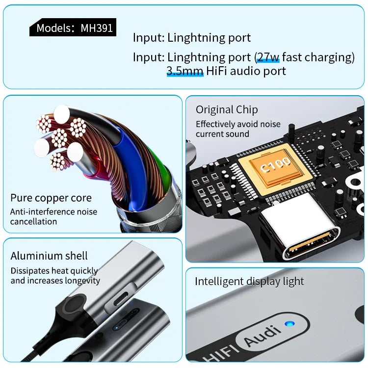 KTX-538643 Dual 2 in 1 Audio and Charging Adapter for iPhone 11-14 – 8-Pin Metal Connector