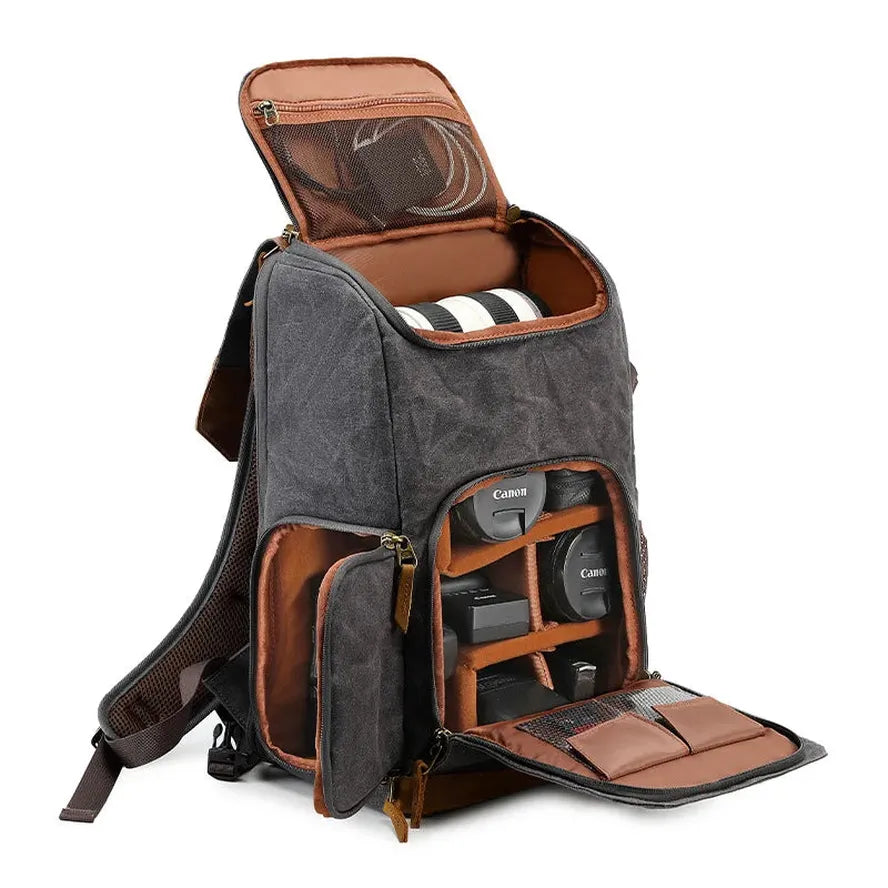 KTX-171411 Retro Waterproof Photography Backpack for Outdoor Travel and Laptop, Oil Wax Canvas Design