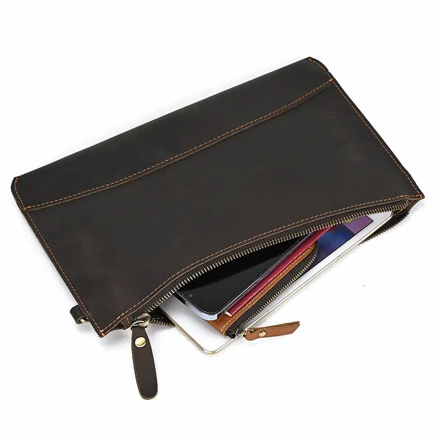 KTX-268755 Vintage Leather Handbag for Men - Large Capacity Crazy Horse Leather Clutch with Zipper Closure