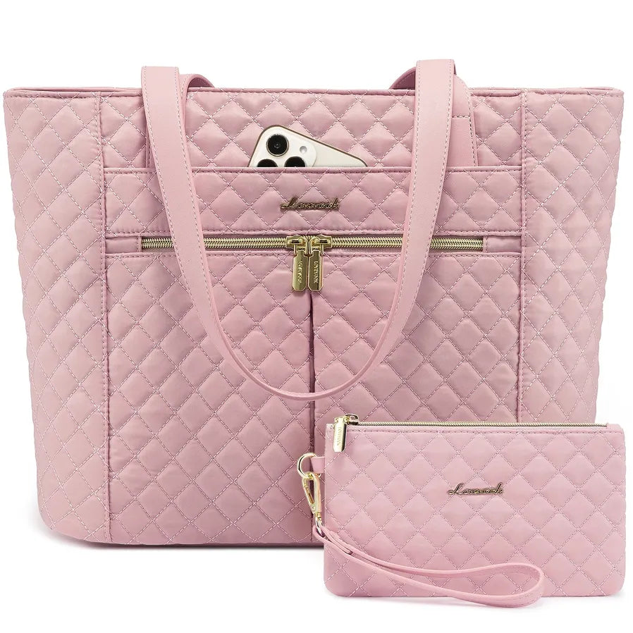 KTX-409363 Quilted Laptop Tote Bag Set with Clutch Purse and Stylish Shoulder Bags for Work or Travel