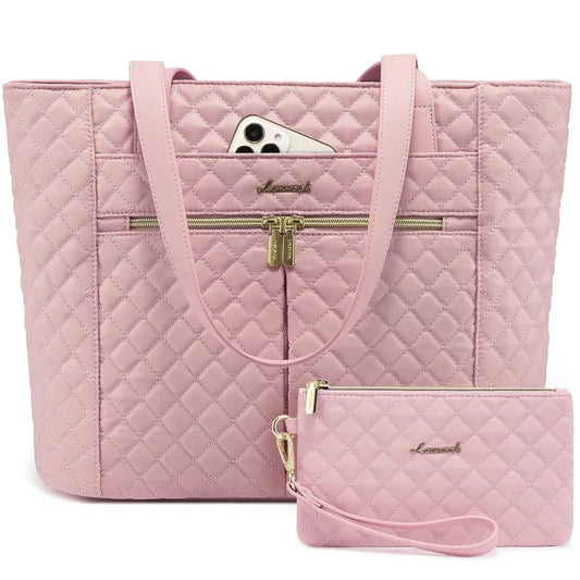 KTX-409363 Quilted Laptop Tote Bag Set with Clutch Purse and Stylish Shoulder Bags for Work or Travel