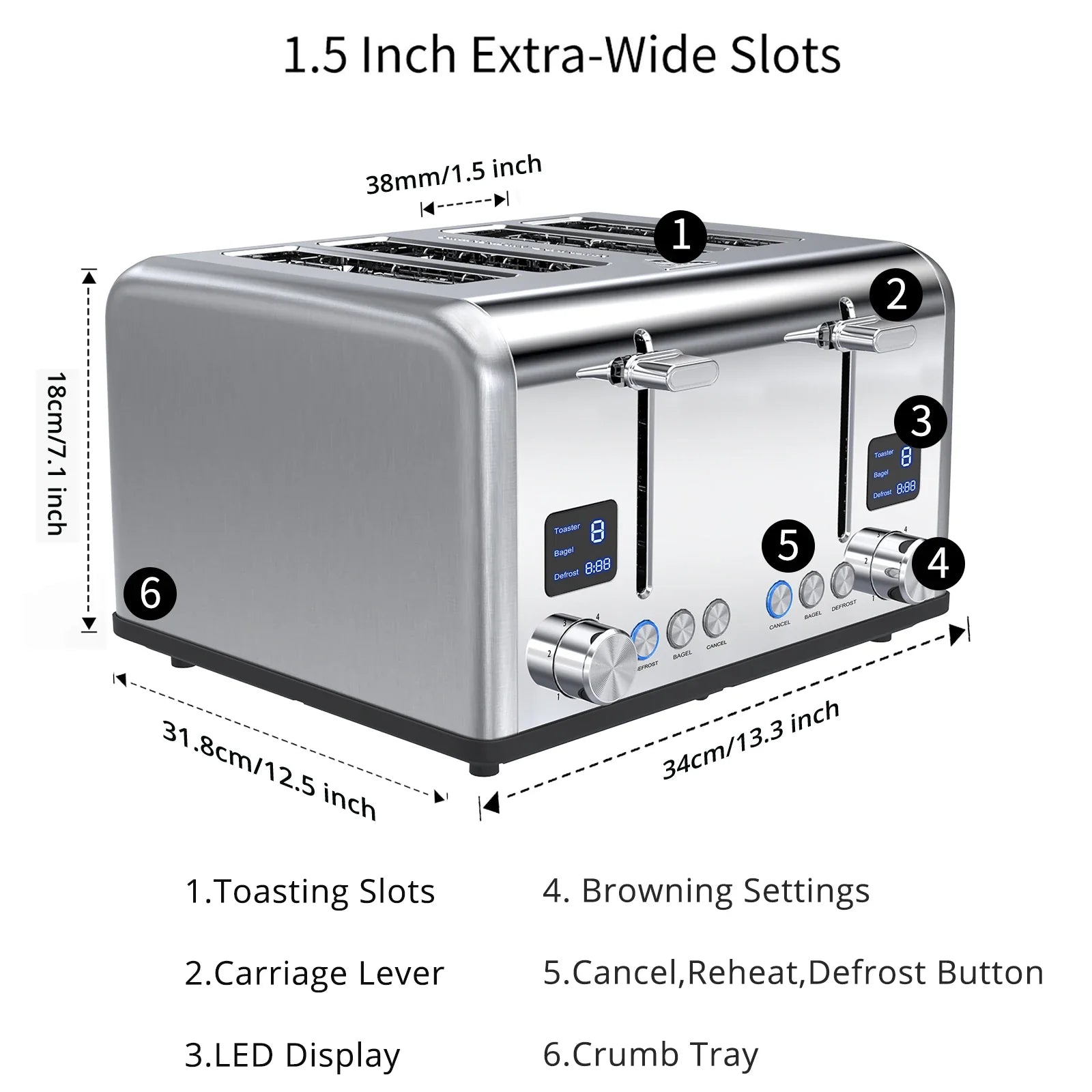KTX-192851 Digital 4-Slice Electric Toaster with LED Display for Even Toasting and Smart Settings