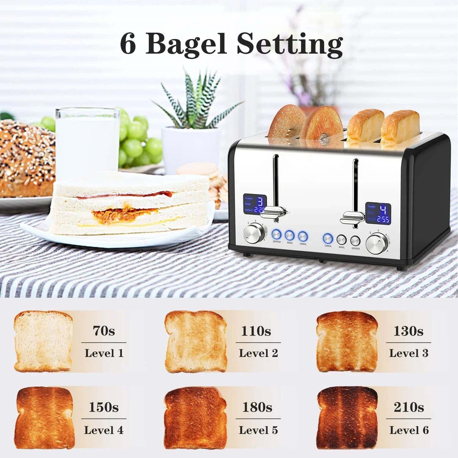KTX-192851 Digital 4-Slice Electric Toaster with LED Display for Even Toasting and Smart Settings