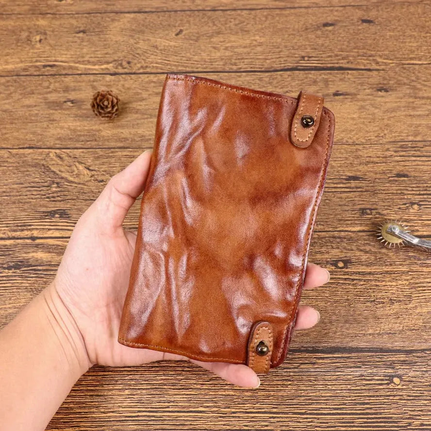 KTX-776083 Vintage Leather Multi-card Long Wallet with Coin Compartment and Money Clip