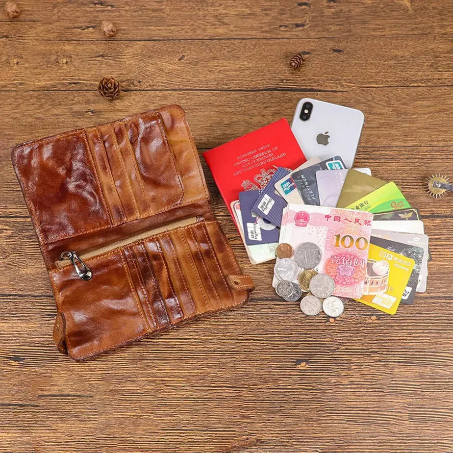 KTX-776083 Vintage Leather Multi-card Long Wallet with Coin Compartment and Money Clip