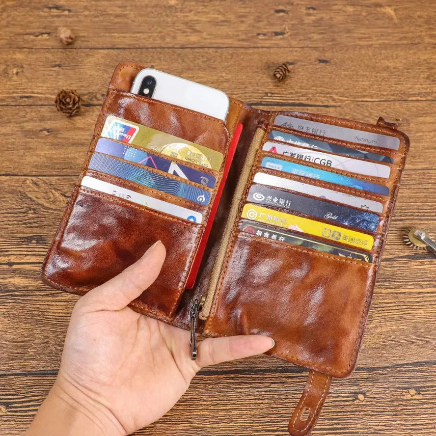 KTX-776083 Vintage Leather Multi-card Long Wallet with Coin Compartment and Money Clip