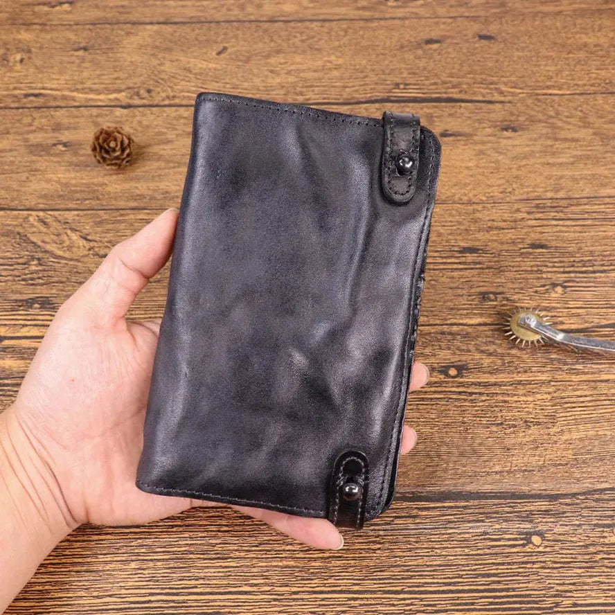 KTX-776083 Vintage Leather Multi-card Long Wallet with Coin Compartment and Money Clip