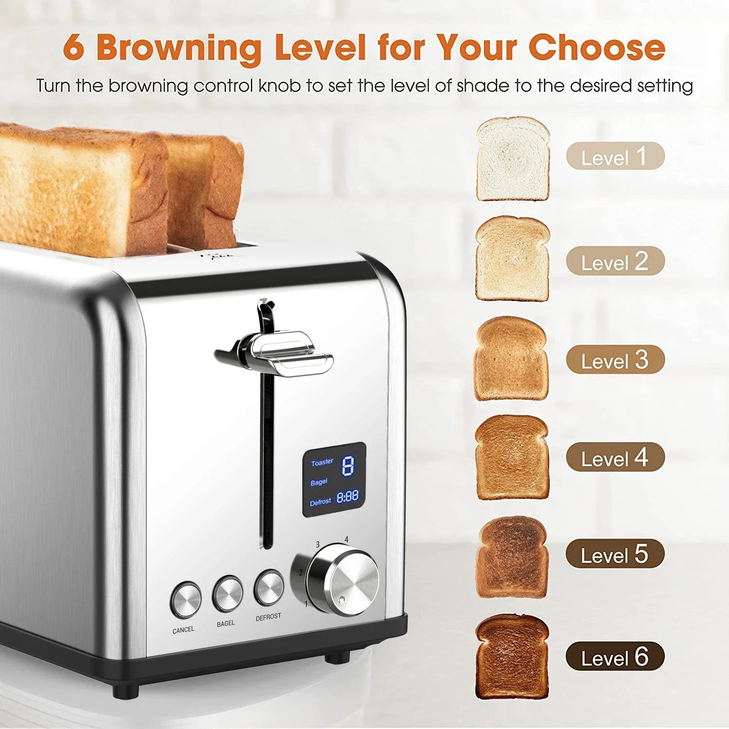KTX-257235 Stainless Steel 2-Slice Automatic Pop-Up Bread Toaster with LED Display