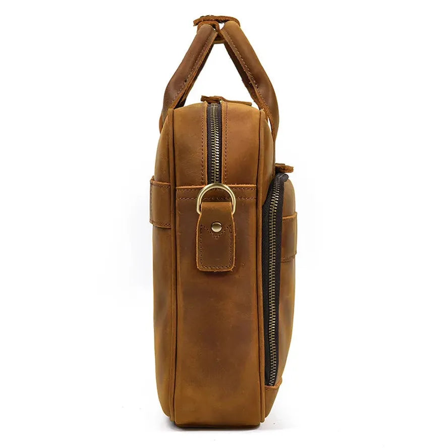 KTX-811155 Retro Crazy Horse Leather Briefcase for 14-Inch Laptops - Waterproof Heavyweight Waxed Canvas Messenger Bag in Brown/Dark Brown