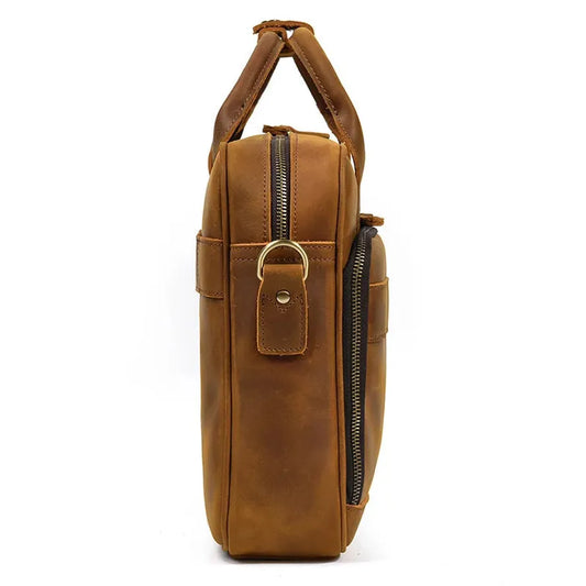 KTX-811155 Retro Crazy Horse Leather Briefcase for 14-Inch Laptops - Waterproof Heavyweight Waxed Canvas Messenger Bag in Brown/Dark Brown