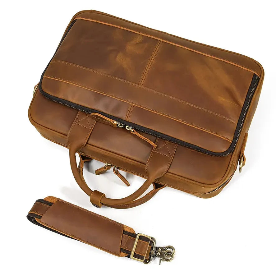 KTX-811155 Retro Crazy Horse Leather Briefcase for 14-Inch Laptops - Waterproof Heavyweight Waxed Canvas Messenger Bag in Brown/Dark Brown