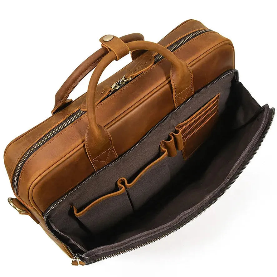 KTX-811155 Retro Crazy Horse Leather Briefcase for 14-Inch Laptops - Waterproof Heavyweight Waxed Canvas Messenger Bag in Brown/Dark Brown