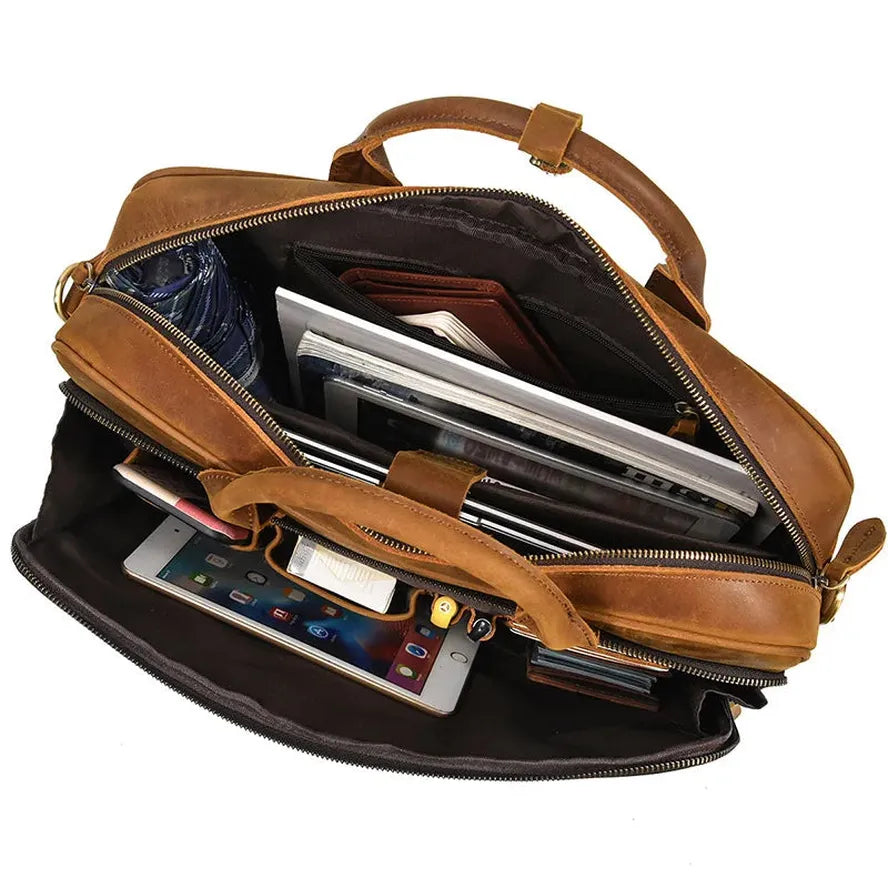 KTX-811155 Retro Crazy Horse Leather Briefcase for 14-Inch Laptops - Waterproof Heavyweight Waxed Canvas Messenger Bag in Brown/Dark Brown