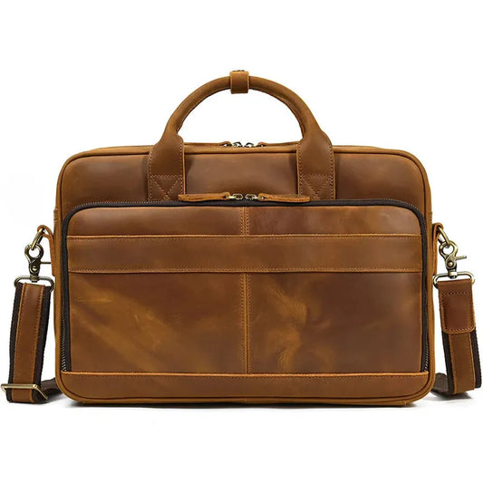 KTX-811155 Retro Crazy Horse Leather Briefcase for 14-Inch Laptops - Waterproof Heavyweight Waxed Canvas Messenger Bag in Brown/Dark Brown