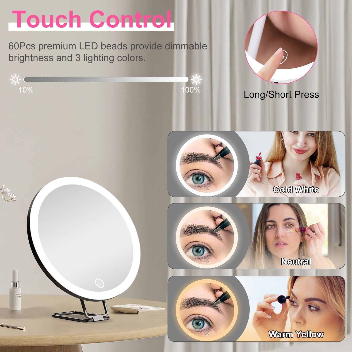 KTX-220691 30X Magnifying Makeup Mirror with Adjustable Light, Rechargeable Battery, and Compact Design for Travel