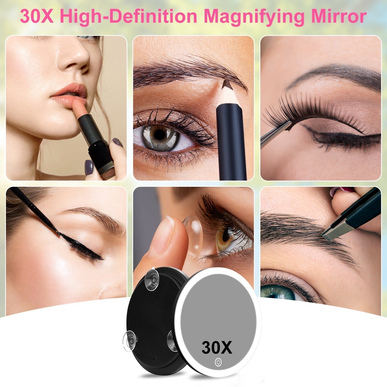 KTX-220691 30X Magnifying Makeup Mirror with Adjustable Light, Rechargeable Battery, and Compact Design for Travel