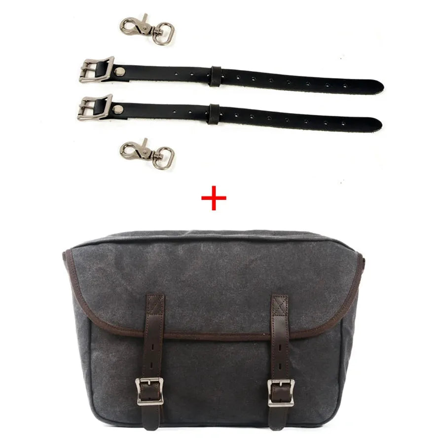 KTX-991763 Detachable Waxed Canvas Motorcycle Saddle Bag with Leather Accents and Zip Closure