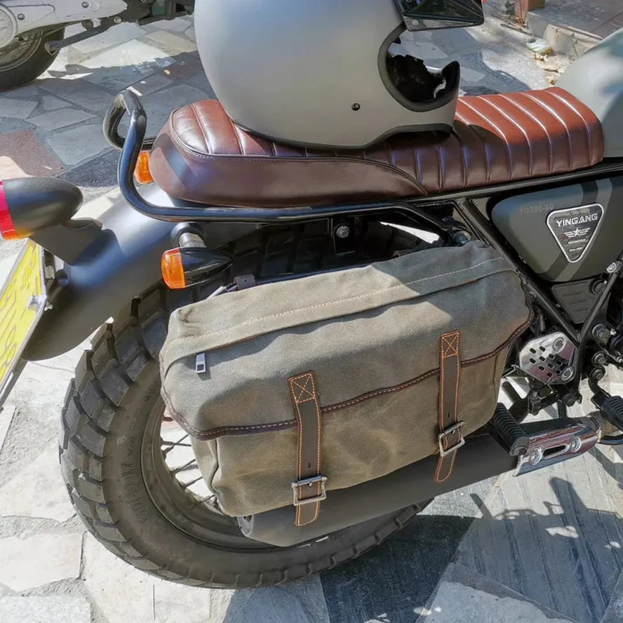 KTX-991763 Detachable Waxed Canvas Motorcycle Saddle Bag with Leather Accents and Zip Closure