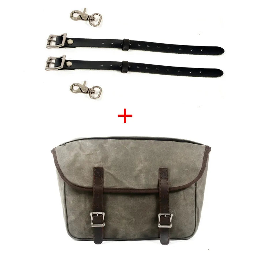 KTX-991763 Detachable Waxed Canvas Motorcycle Saddle Bag with Leather Accents and Zip Closure