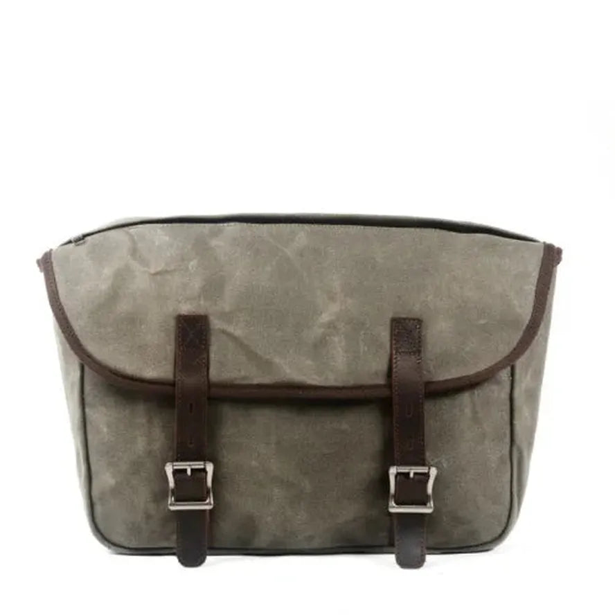 KTX-991763 Detachable Waxed Canvas Motorcycle Saddle Bag with Leather Accents and Zip Closure