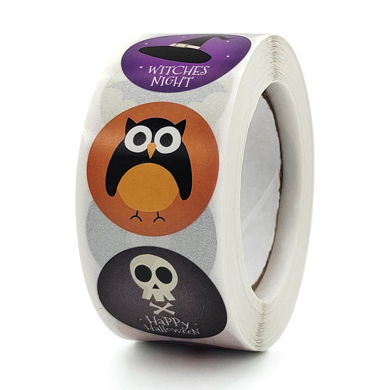 KTX-219283 Custom Round Copper Plate Sticker Label for Halloween with Owl, Ghost, Skull, Pumpkin, Bat, and Spider Designs - 1 inch (25mm)
