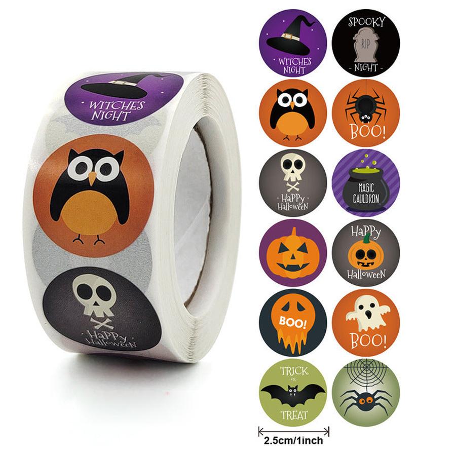 KTX-219283 Custom Round Copper Plate Sticker Label for Halloween with Owl, Ghost, Skull, Pumpkin, Bat, and Spider Designs - 1 inch (25mm)