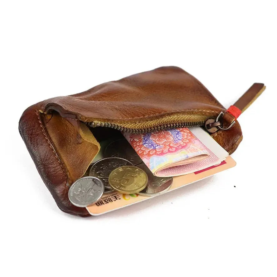 KTX-743315 Retro Style Genuine Leather Card Wallet for Students - Zipper Closure, Multi-Colour Options
