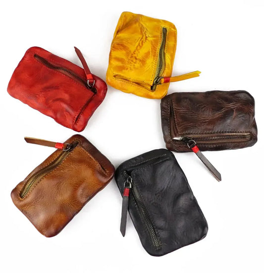 KTX-743315 Retro Style Genuine Leather Card Wallet for Students - Zipper Closure, Multi-Colour Options
