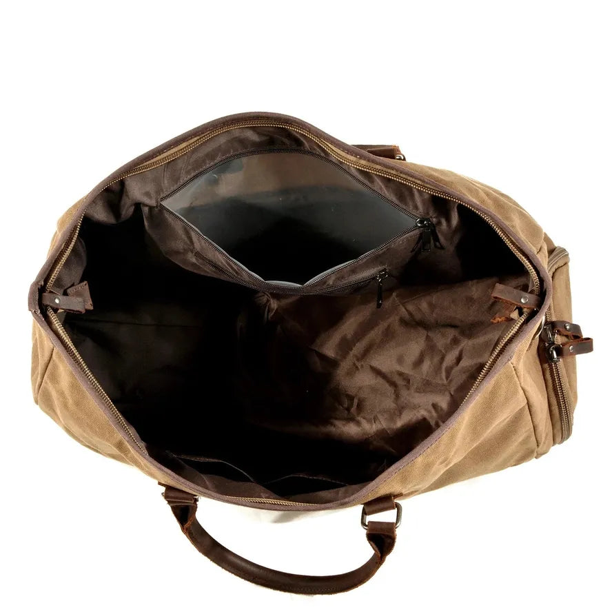 KTX-008915 Large Capacity Waterproof Batik Canvas Travel Bag with Crazy Horse Cowhide Leather Trim