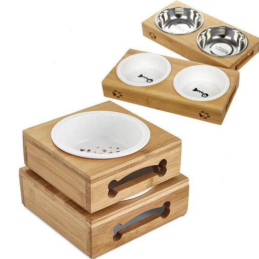 JMT-706506 Bamboo and Stainless Steel Dog Bowl Holders – Single, Double, and Triple Bowls for All Pet Sizes