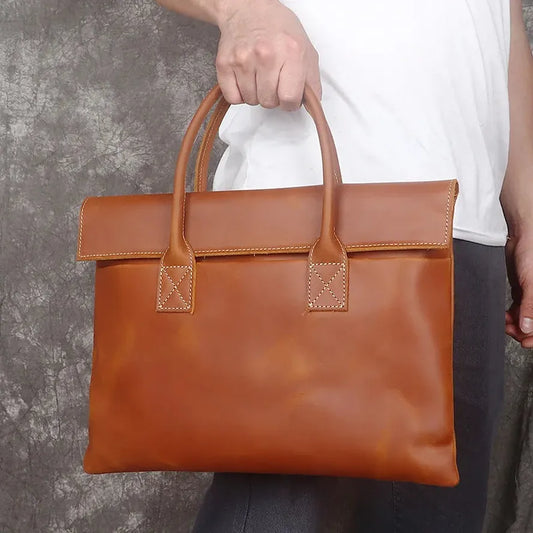 KTX-778387 Real Leather 15 Inch Laptop Handbag in Retro Brown, Heavy-Duty Cowhide with Waterproof Canvas Accents