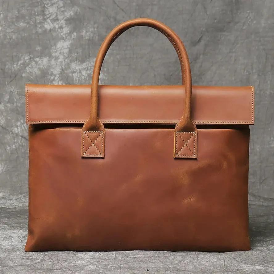 KTX-778387 Real Leather 15 Inch Laptop Handbag in Retro Brown, Heavy-Duty Cowhide with Waterproof Canvas Accents
