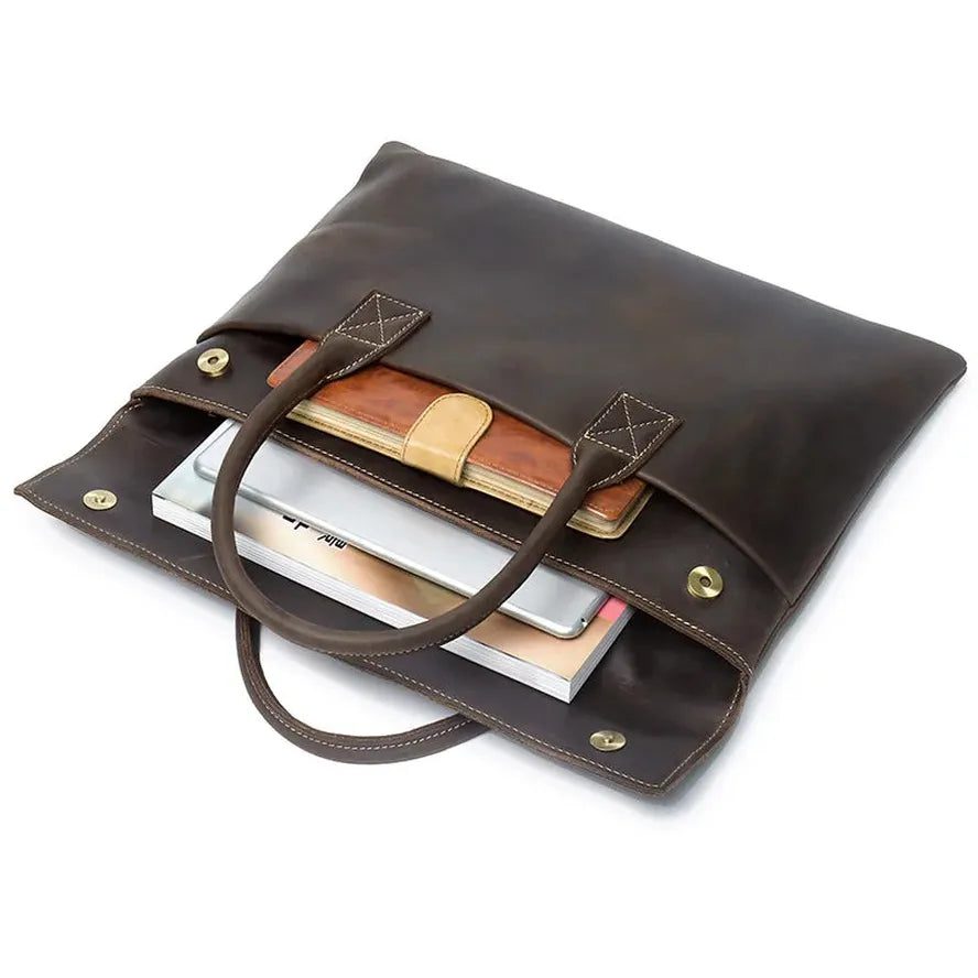 KTX-778387 Real Leather 15 Inch Laptop Handbag in Retro Brown, Heavy-Duty Cowhide with Waterproof Canvas Accents