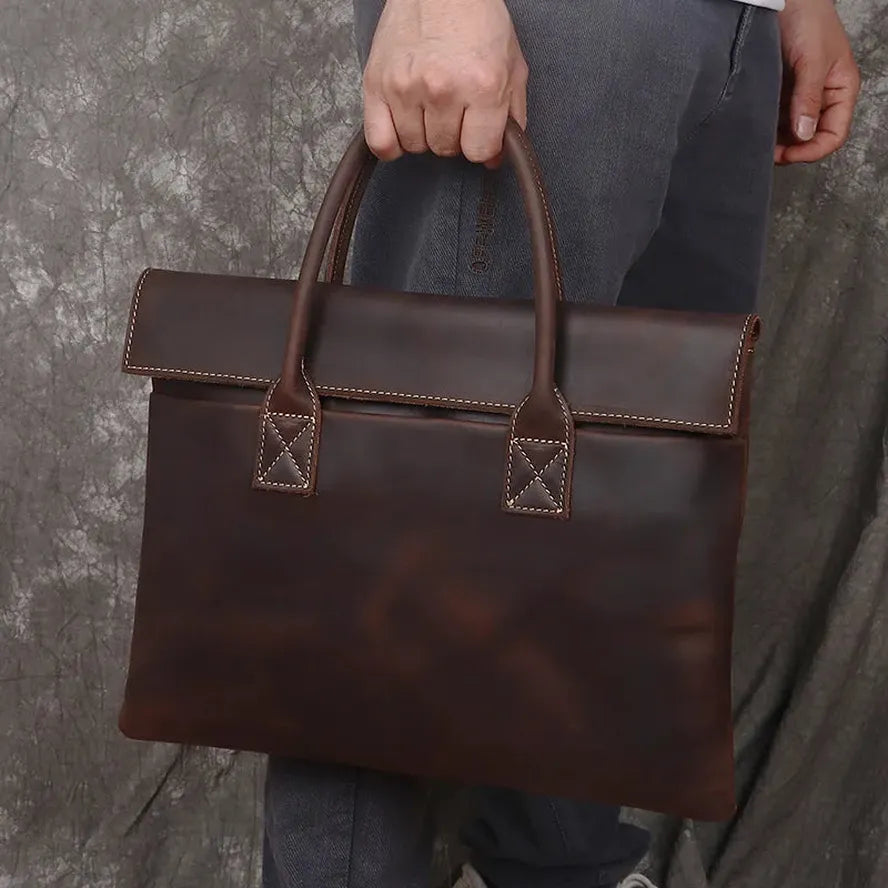 KTX-778387 Real Leather 15 Inch Laptop Handbag in Retro Brown, Heavy-Duty Cowhide with Waterproof Canvas Accents