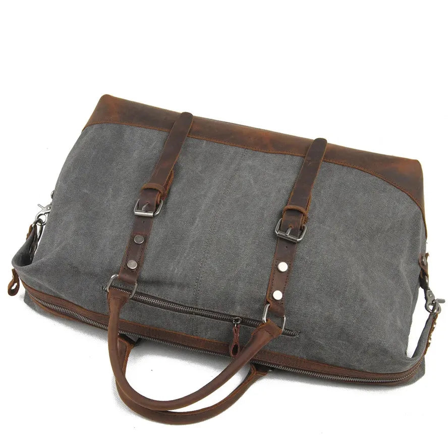 KTX-976147 High Capacity Canvas Shoulder Duffel Bag - Travel Tote with Cowhide Accents