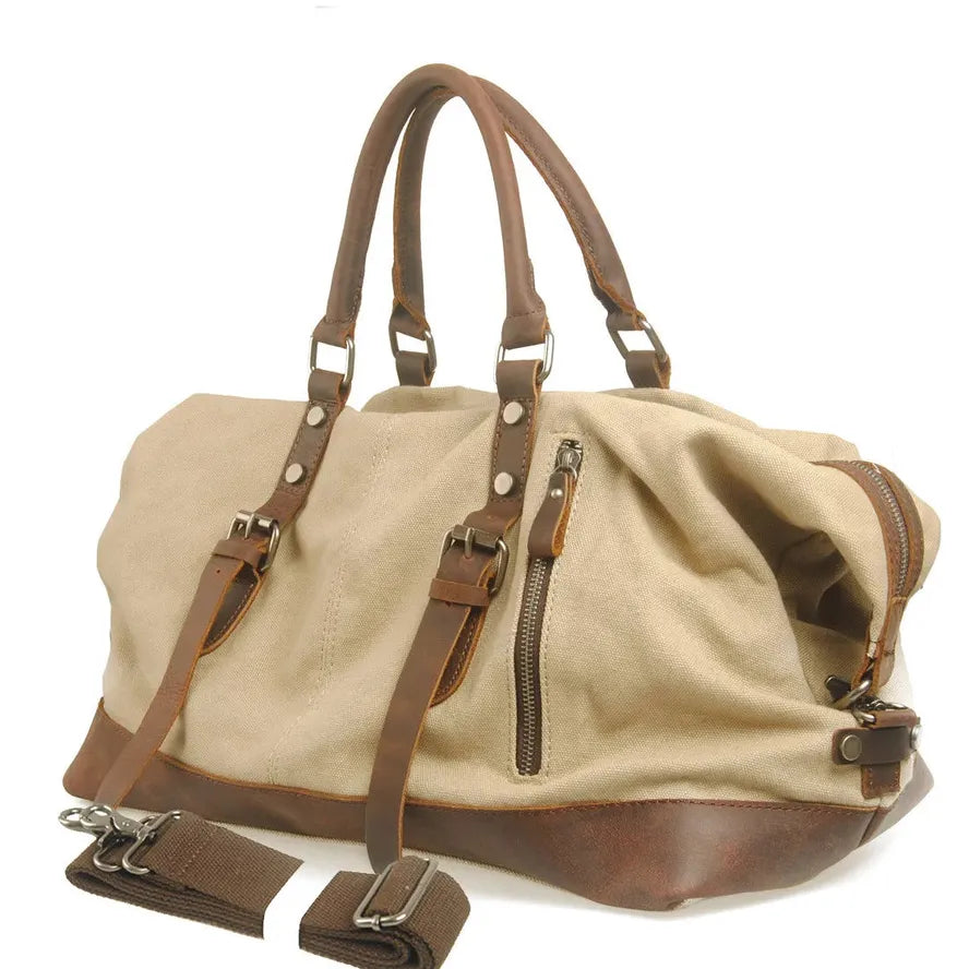 KTX-976147 High Capacity Canvas Shoulder Duffel Bag - Travel Tote with Cowhide Accents
