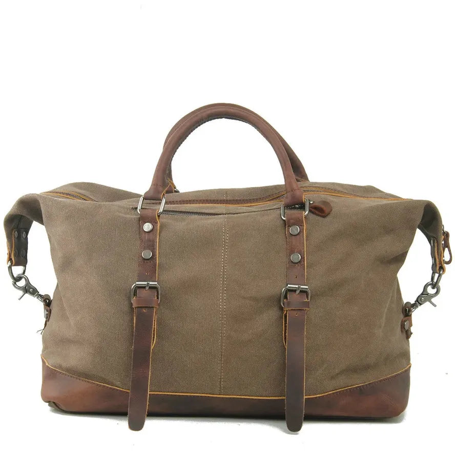 KTX-976147 High Capacity Canvas Shoulder Duffel Bag - Travel Tote with Cowhide Accents