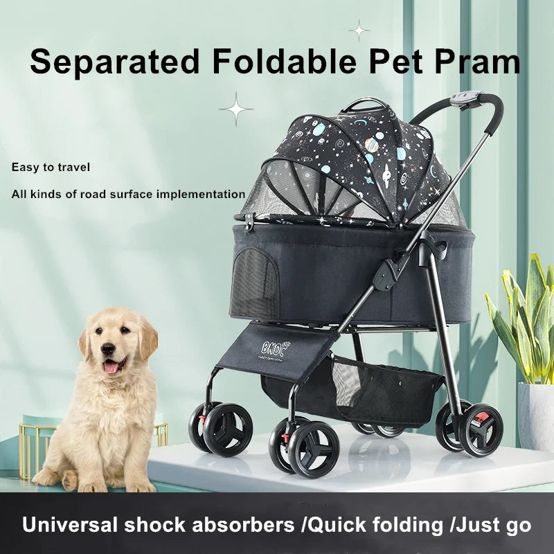 JMT-732298 Luxury Folding Large Pet Stroller for Dogs and Cats – Outdoor Trolley with Protective Canopy