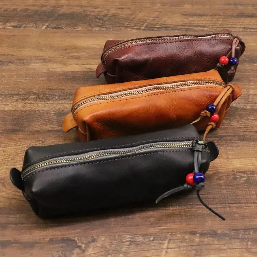 KTX-070995 Handmade Cowhide Large Capacity Zipper Storage Bag for Glasses and Accessories