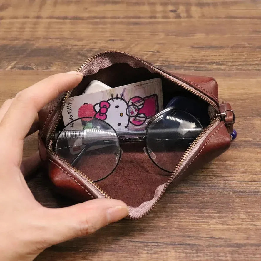 KTX-070995 Handmade Cowhide Large Capacity Zipper Storage Bag for Glasses and Accessories