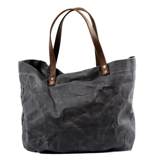 KTX-545555 Large Capacity Waterproof Oil Wax Canvas Handbag with Cowhide Trim - Versatile Shoulder Tote Bag