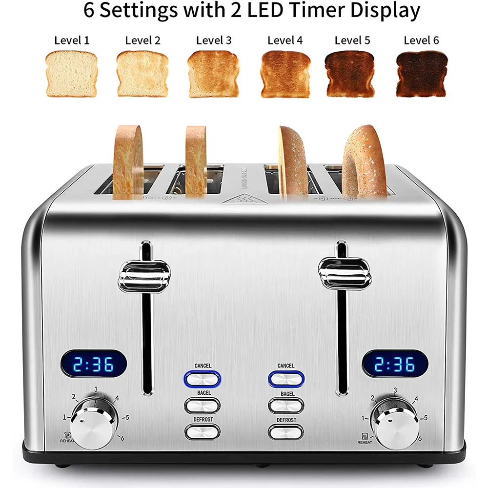KTX-127315 Stainless Steel 4-Slice Electric Toaster with Digital Control for Versatile Breakfast Preparation