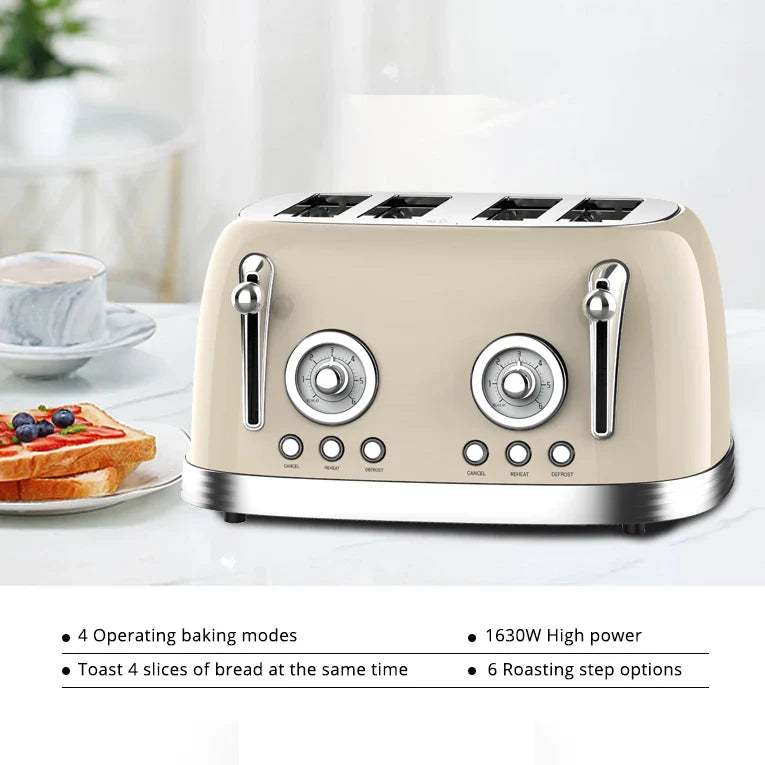 KTX-075283 Retro 4-Slice Stainless Steel Electric Pop-Up Toaster with Integrated Grill