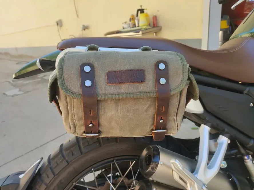 KTX-581587 Waterproof Motorcycle Side Car Head Car Lock Bag - Heavy Duty Waxed Canvas and Leather Riding Rear Seat Messenger Bag