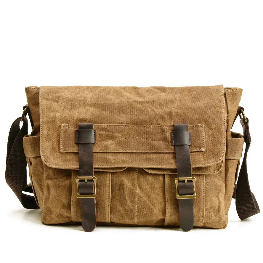 KTX-499091 Waterproof Waxed Canvas Messenger Bag with Leather Accents for Travel and Outdoor Use