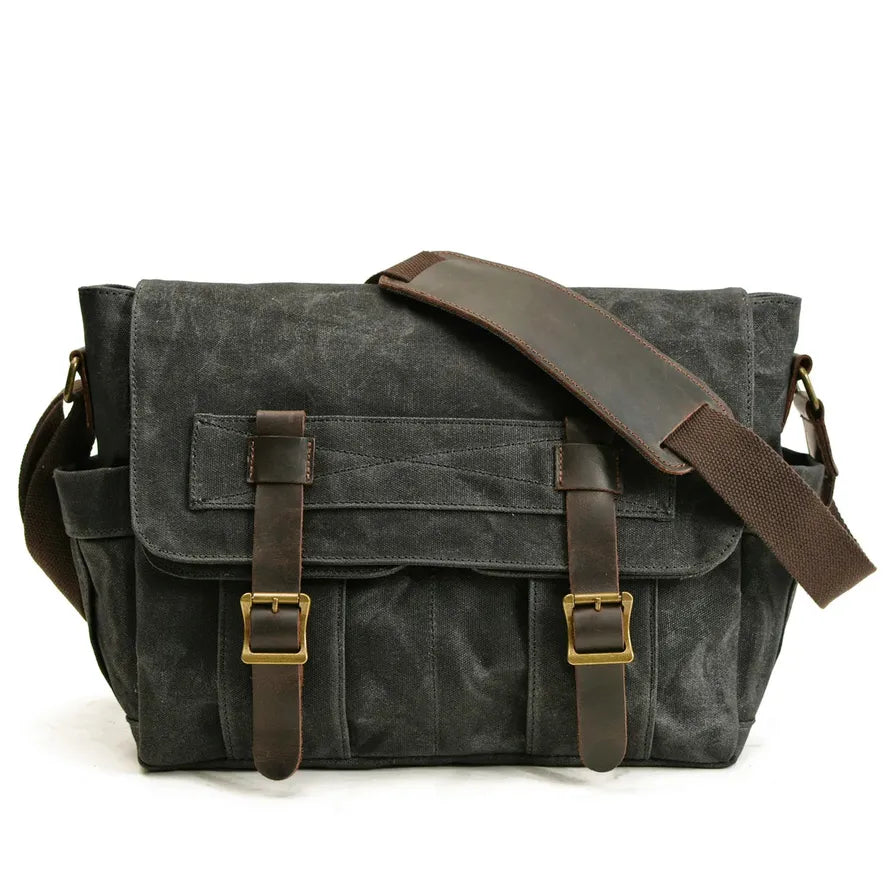 KTX-499091 Waterproof Waxed Canvas Messenger Bag with Leather Accents for Travel and Outdoor Use