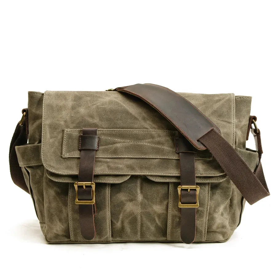 KTX-499091 Waterproof Waxed Canvas Messenger Bag with Leather Accents for Travel and Outdoor Use