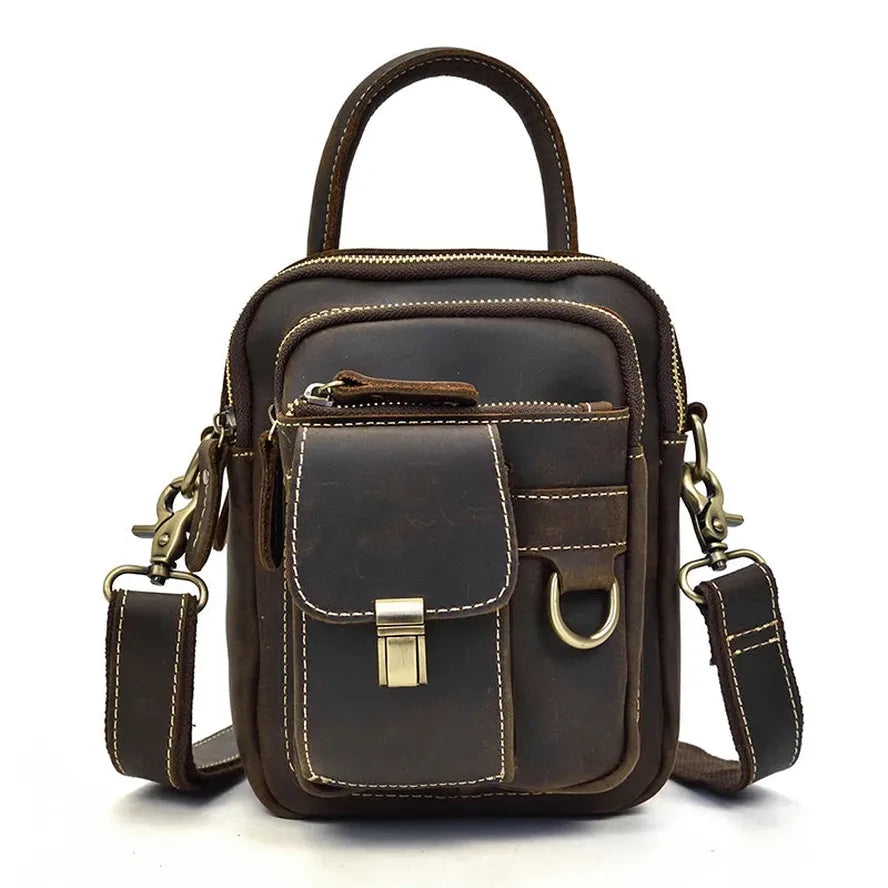 KTX-217875 Retro Crazy Horse Leather Waist Bag for Men - Waterproof Messenger Shoulder Bag in Light/Dark Brown