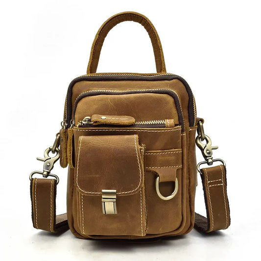 KTX-217875 Retro Crazy Horse Leather Waist Bag for Men - Waterproof Messenger Shoulder Bag in Light/Dark Brown