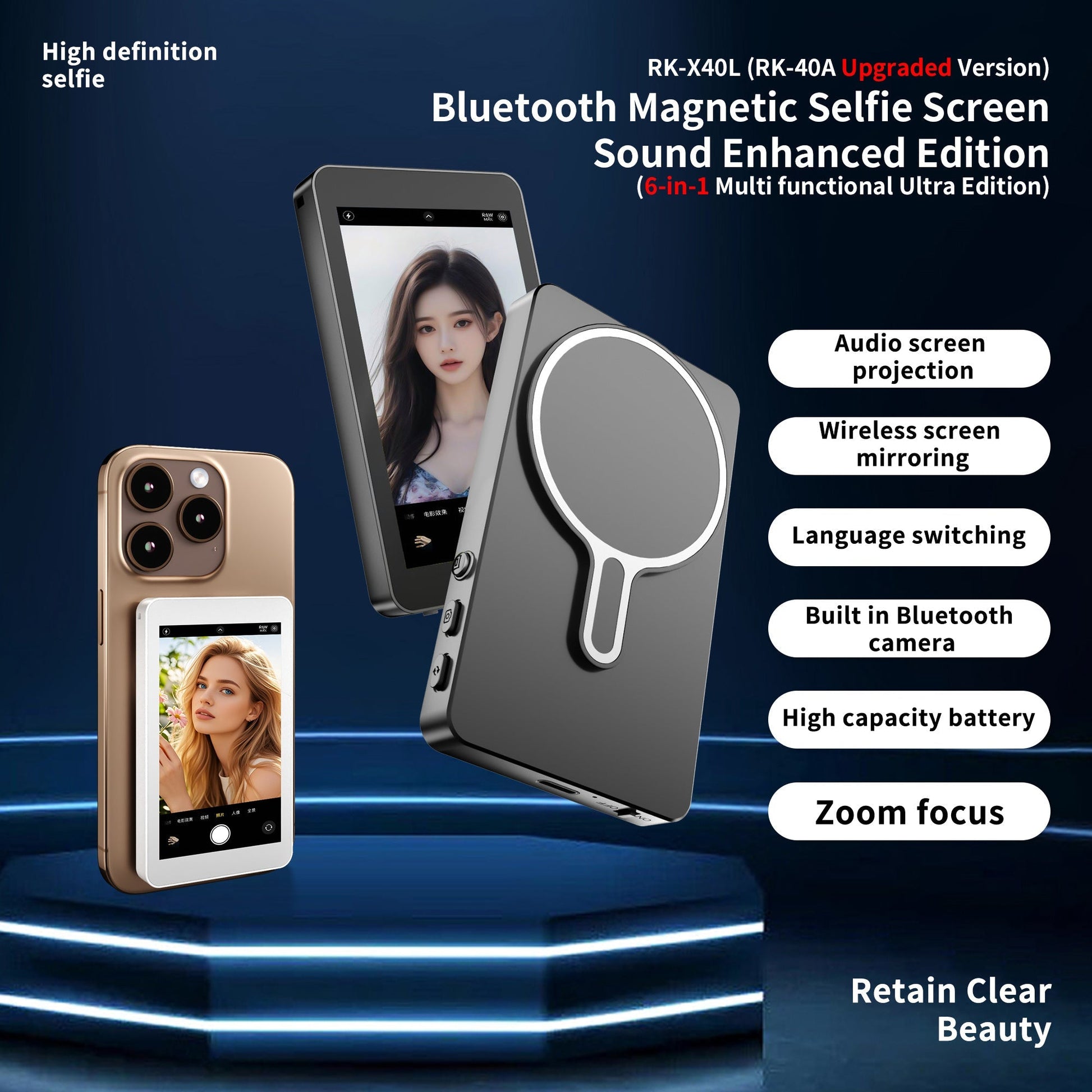 KTX-492307 Upgraded RK-X40L Mobile Selfie Screen Projector with Audio, Focusing Feature, and Built-in Camera Button